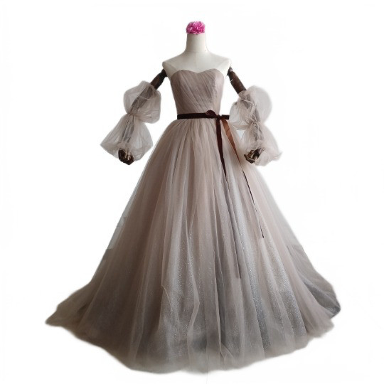 カラードレス 取り外し袖 サッシュベルト キラキラチュール ビスチェ サッシュベルト 披露宴/結婚式 ウェディングドレス