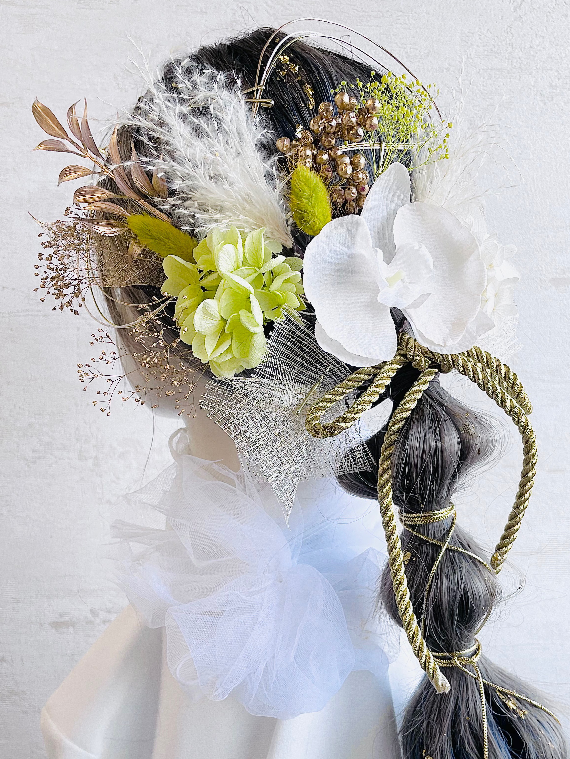 髪飾り(グリーン) 水引 胡蝶蘭 金箔 紫陽花