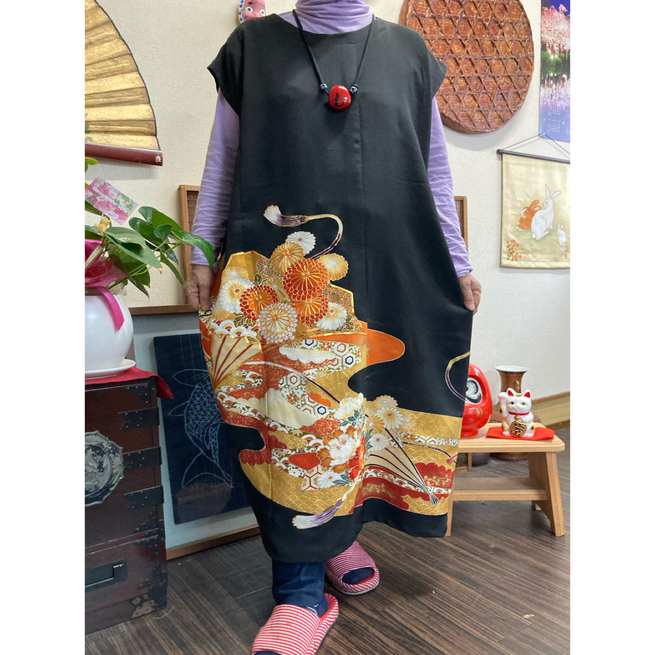 着物リメイク ワンピース 花柄 Aライン リボン付き プリンセス