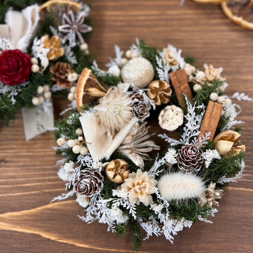 早割クリスマス2025 ミニクリスマスリース ホワイトゴールド レッド