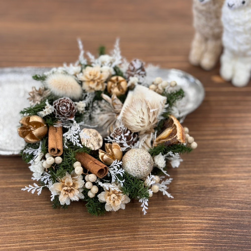 早割クリスマス2025 ミニクリスマスリース ホワイトゴールド レッド