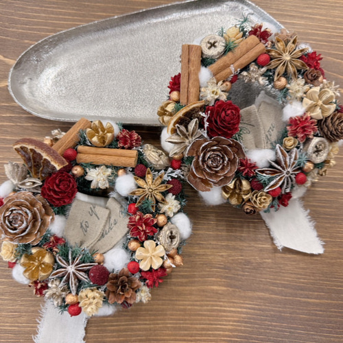 早割クリスマス2025 ミニクリスマスリース ホワイトゴールド レッド