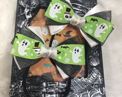 リボン ヘアゴム ヘアアクセサリー ハロウィン ツイン オバケ 黄緑