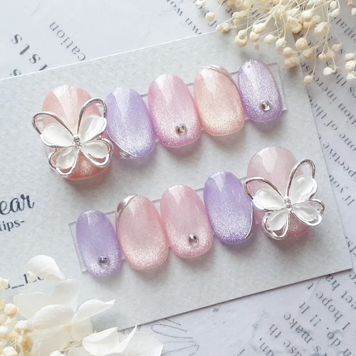 サイズオーダー】ピンク×パープルの蝶々マグネットネイルチップ