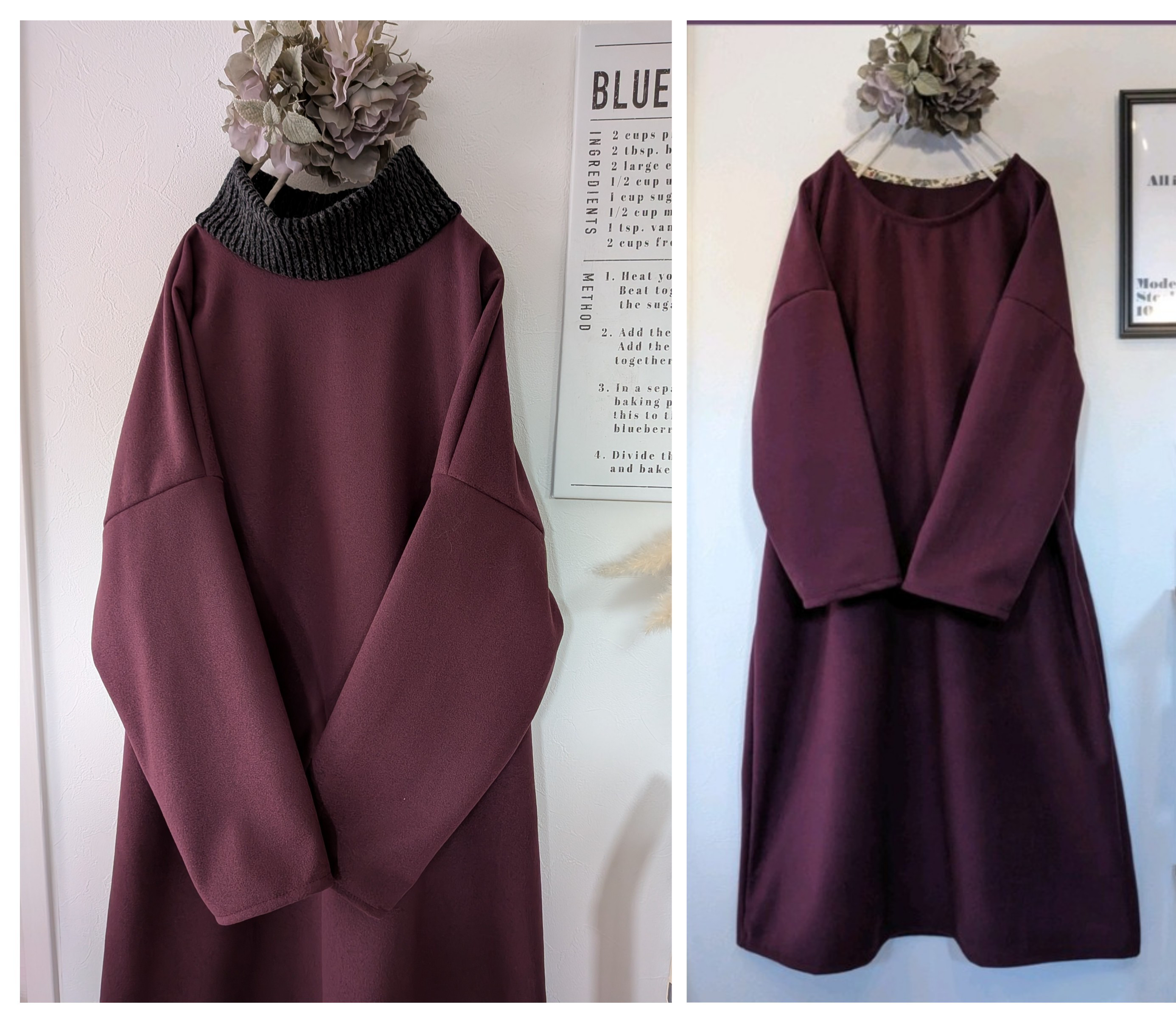 ♥ボルドー起毛ワンピース♥ハイネックに変更可　冬