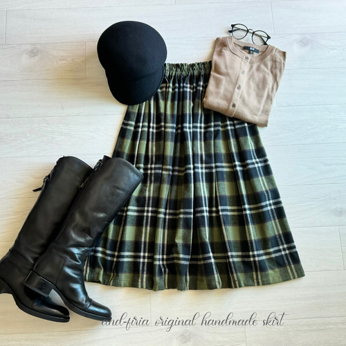 1番人気♪上質シャギーチェックのギャザースカート オリーブグリーン