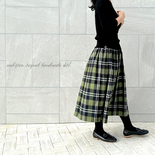 1番人気♪上質シャギーチェックのギャザースカート オリーブグリーン