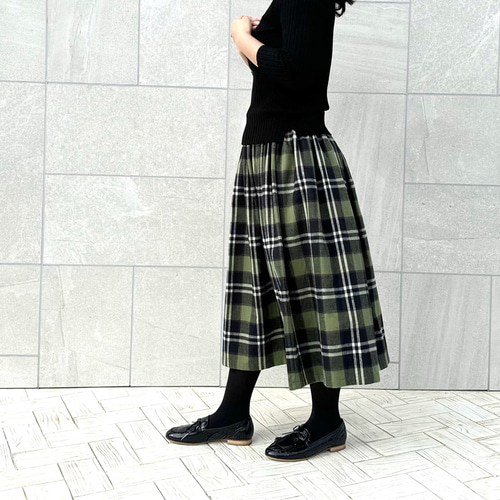 1番人気♪上質シャギーチェックのギャザースカート オリーブグリーン