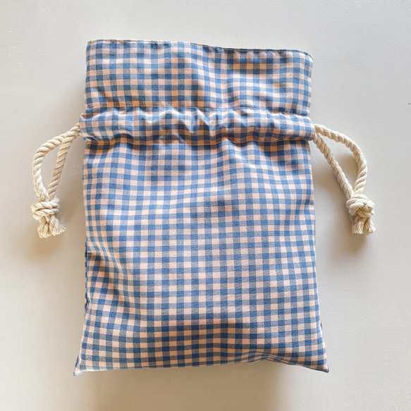 BASICギンガムチェック巾着ポーチ（L）ブルー×ベージュ 5枚目の画像