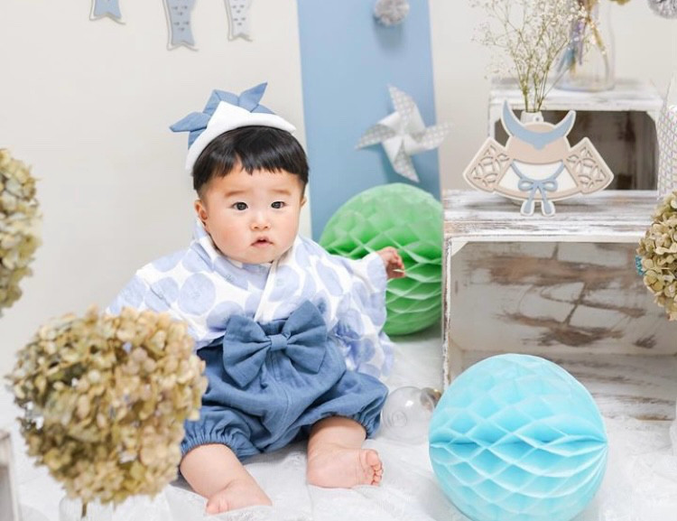 ふんわりガーゼのベビー袴[あんぱん柄×フォグブルー] お食い初め｜ハーフバースデー｜100日祝い｜子どもの日｜1歳誕生日