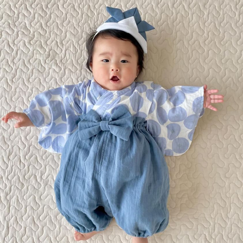 あさちゃん⭐︎ ベビー袴 オーダー ふんわりガーゼのベビー袴[あんぱん柄×フォグブルー] お食い初め