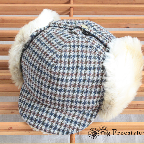 千鳥柄とふわふわファーの耳付きパイロットキャップ ツィード 冬小物