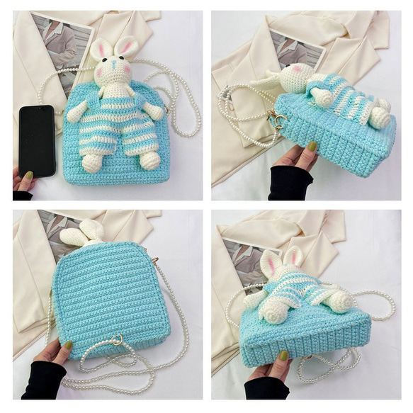 手作りの織りバッグ かわいいウサギ クリエイティブなクロスボディバッグ ダブルショルダーショルダーハンドバッグ 6枚目の画像