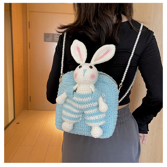 手作りの織りバッグ かわいいウサギ クリエイティブなクロスボディバッグ ダブルショルダーショルダーハンドバッグ 1枚目の画像