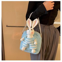 手作りの織りバッグ かわいいウサギ クリエイティブなクロスボディバッグ ダブルショルダーショルダーハンドバッグ 3枚目の画像