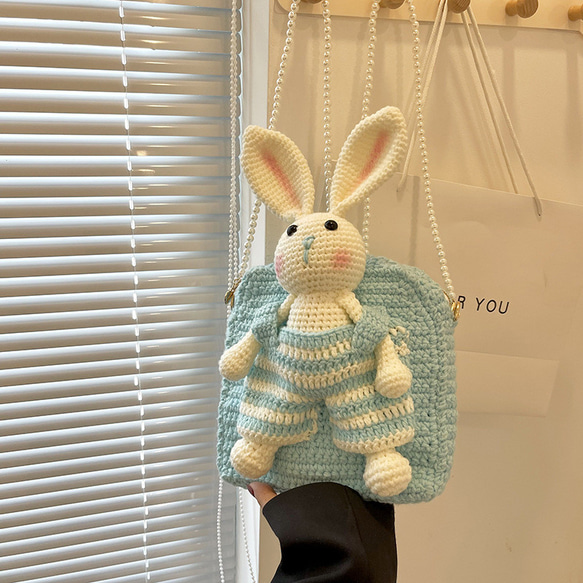 手作りの織りバッグ かわいいウサギ クリエイティブなクロスボディバッグ ダブルショルダーショルダーハンドバッグ 5枚目の画像