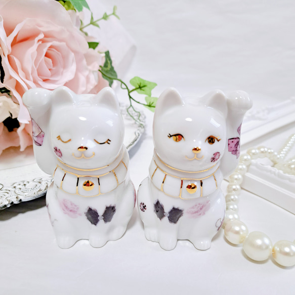 招き猫　縁起物　ペア　結婚祝い　新築祝い　開業祝い　インテリアポーセラーツ 招き猫 ペア 結婚祝い 新築祝い ハンドメイド ポーセラーツねこ