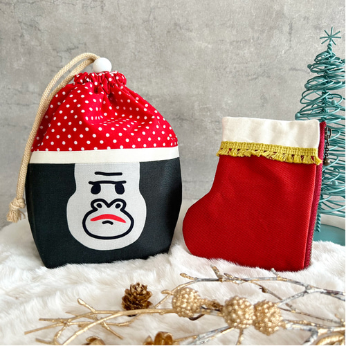 残り2セット【文字オーダー可】クリスマスごりらのころりん巾着