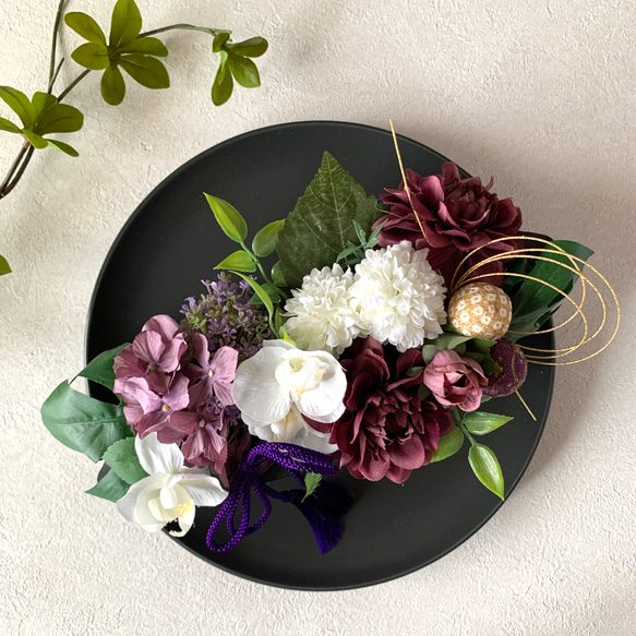 和風アレンジメント くすみ紫のダリア 造花 アーティシャル