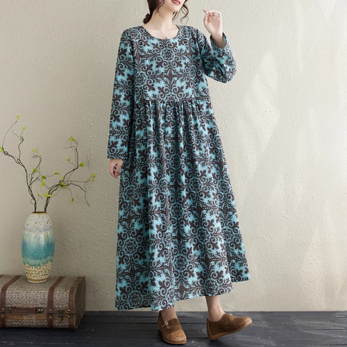 New秋色~ブルー レトロ花柄長袖ワンピース ゆったり 綿麻 .コットン