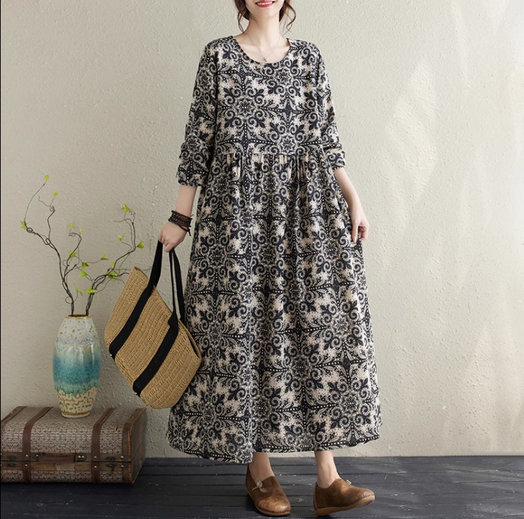 ハンドメイド　綿麻花柄ロングコートワンピース ハンドメイド　綿麻花柄ロングコートワンピース