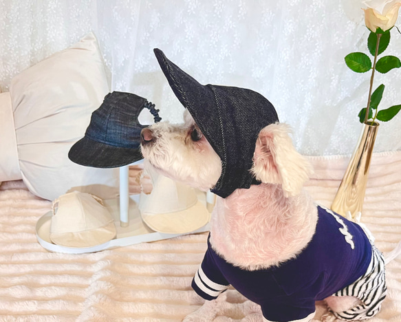 わんちゃんの目や頭を守る犬用帽子　⭐︎岡山デニム生地⭐︎ 【インディゴブルー】 2枚目の画像