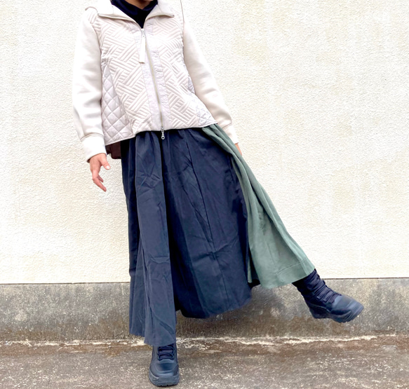 ⭐️inahomayu⭐️大人のロングスカート　バイカラー　フレアロングスカート　ウエストゴム　春夏秋冬　個性的 3枚目の画像