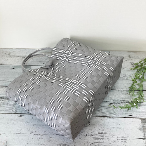 プラカゴバッグ A4サイズ対応 LLサイズ グレー×ホワイト チェック かご