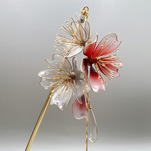 桜 -銀紅- 簪 ディップアート アメリカンフラワー 卒業式 入学式