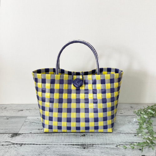 プラカゴバッグ Mサイズ タータンチェック イエロー×ネイビー かご