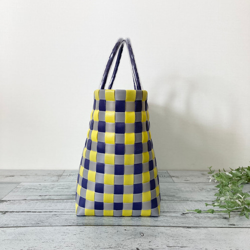 プラカゴバッグ Mサイズ タータンチェック イエロー×ネイビー かご