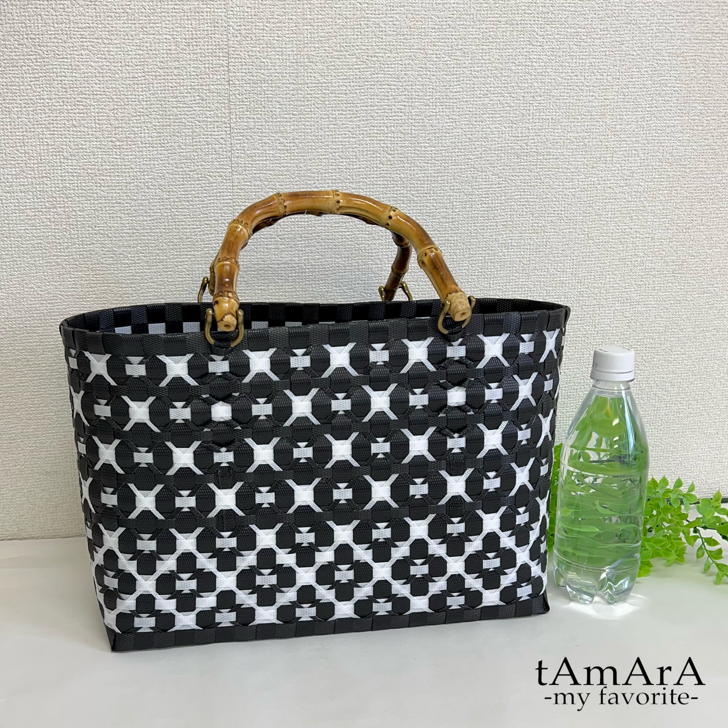 【受注製作】プラカゴ　Lサイズ/A4　L-502　黒*白　2way　バンブーハンドル　マルシェ ピクニック キャンプ