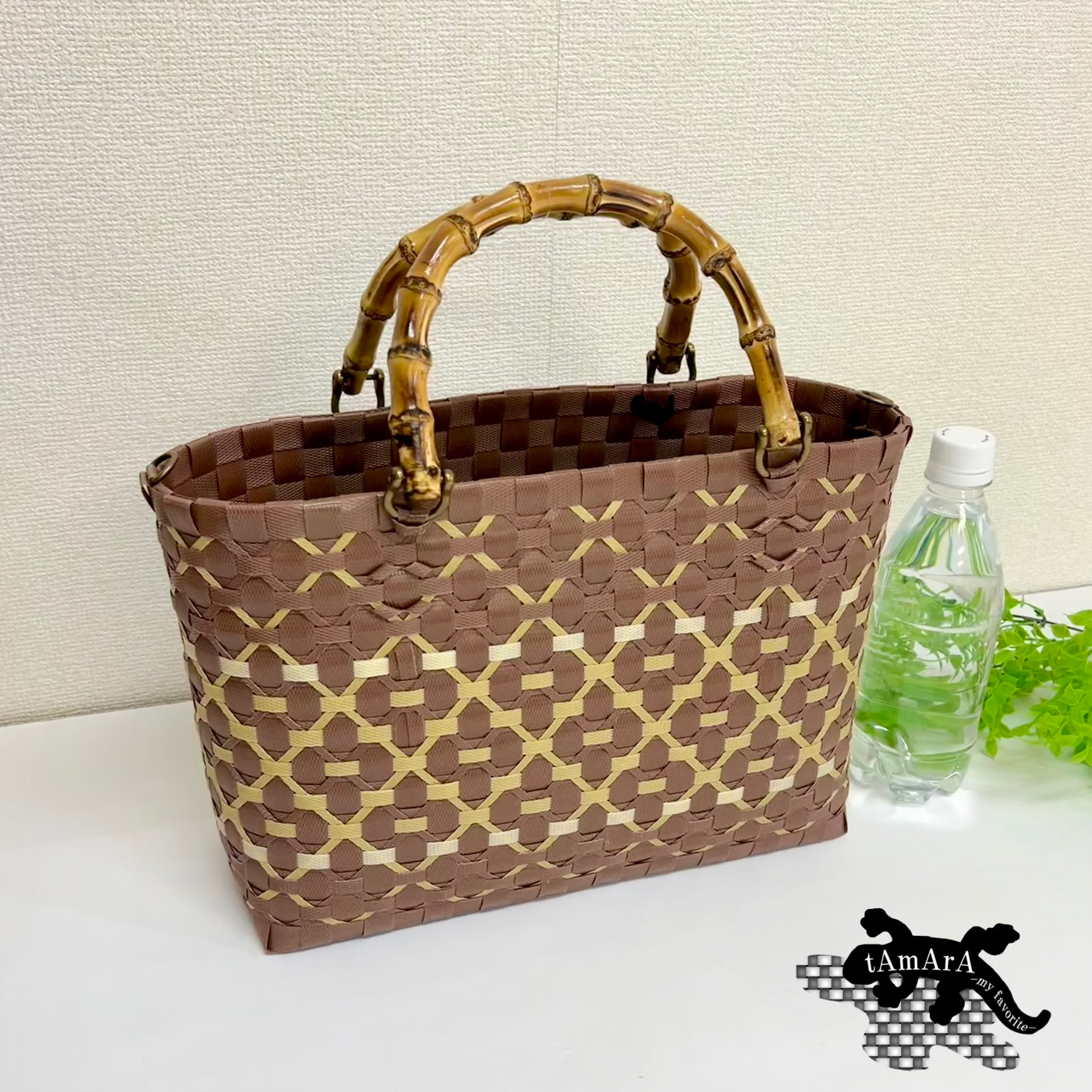 【受注製作】プラカゴ　Mサイズ/A4　M-432　こげ茶*ブラウン*ベージュ　2way　バンブーハンドル　プラカゴバッグ