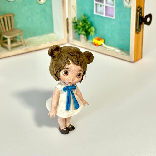 和紙人形　　ハンドメイド 和紙人形とドールハウスセット『KuKuBeA(くくべあ)＆ブルーの