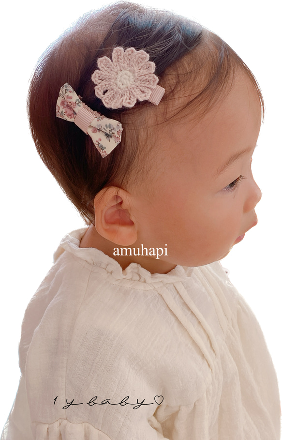 ⑅﻿マーガレットと3連お花のベビーヘアクリップ2点セット⑅﻿ 赤ちゃんヘアピン プレゼント くすみピンク 子供 幼児 4枚目の画像