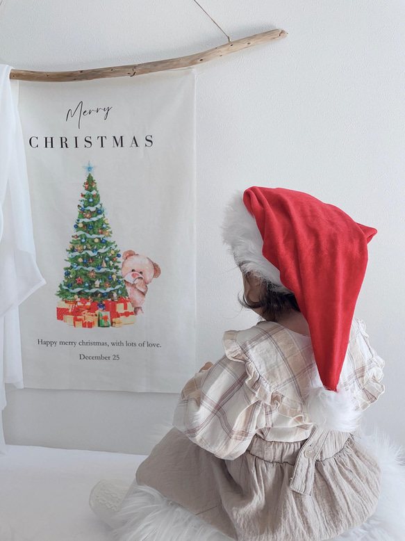 クリスマスタペストリー　クマさんとツリー　Christmas tapestry コットンリネン 8枚目の画像