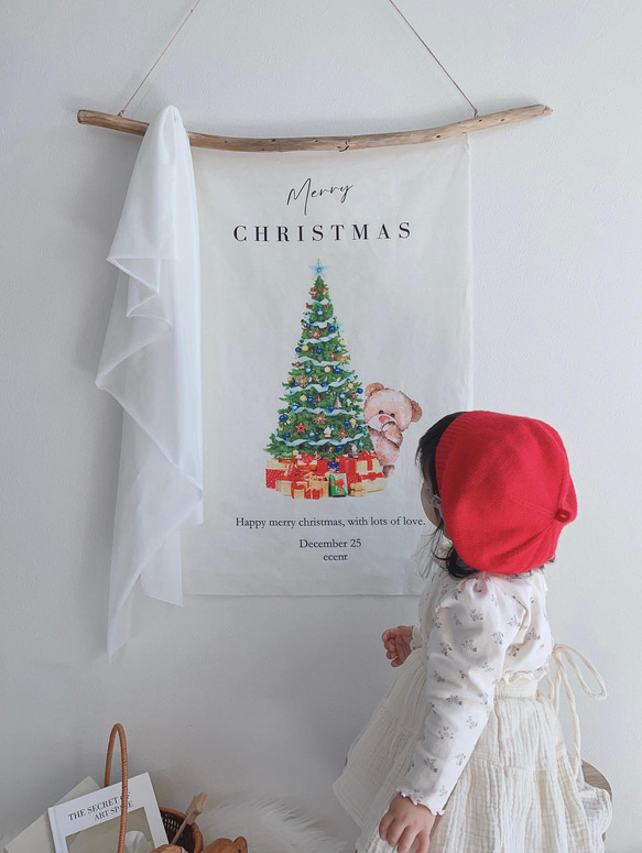 クリスマスタペストリー　クマさんとツリー　Christmas tapestry コットンリネン 2枚目の画像