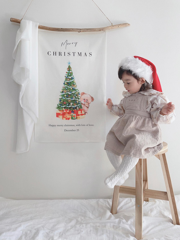 クリスマスタペストリー　クマさんとツリー　Christmas tapestry コットンリネン 10枚目の画像