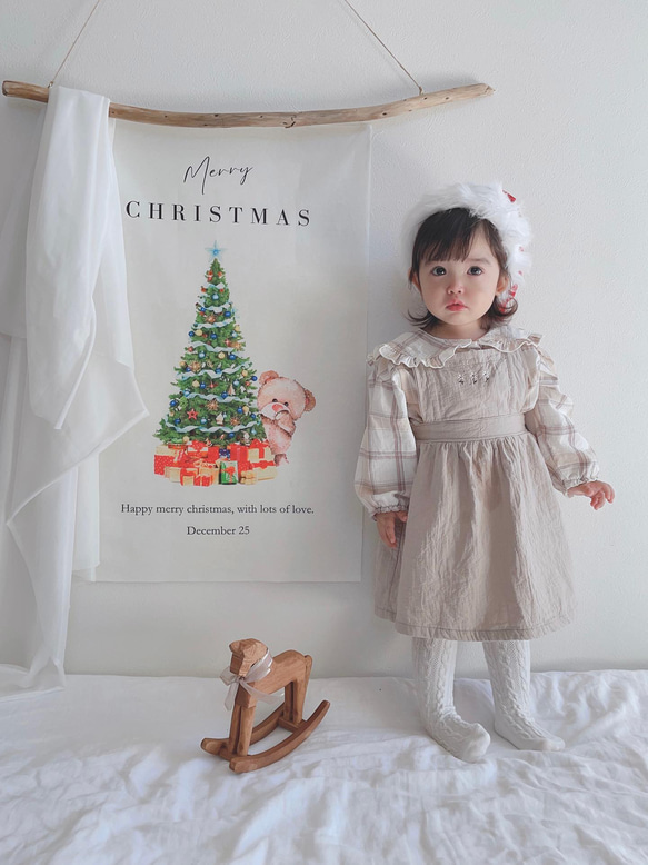 クリスマスタペストリー　クマさんとツリー　Christmas tapestry コットンリネン 3枚目の画像