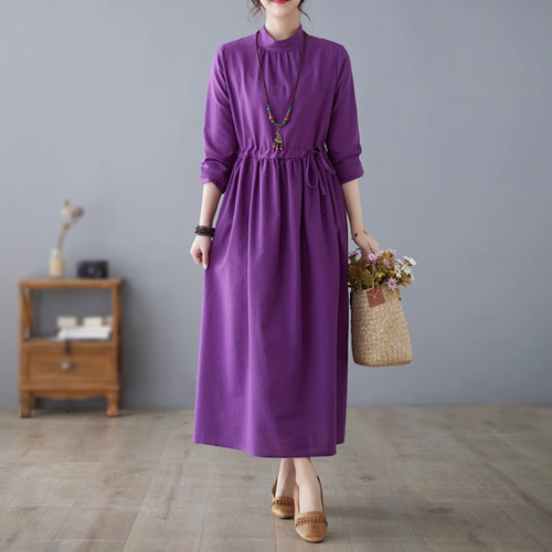 ワンピース 長袖 薄紫 M 美品 中古 New秋色~パープル 綿麻ワンピース 長袖ミディアムスカート . ゆったり