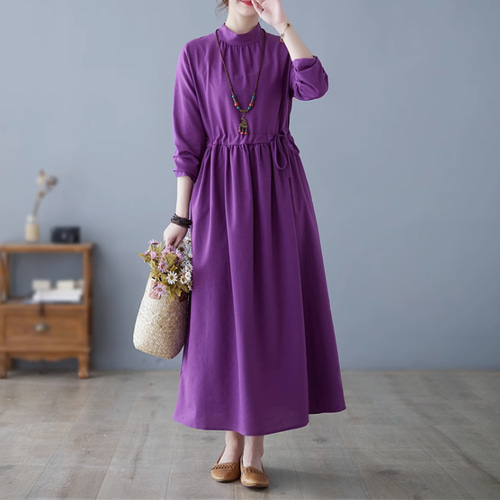 New秋色~パープル 綿麻ワンピース 長袖ミディアムスカート . ゆったり