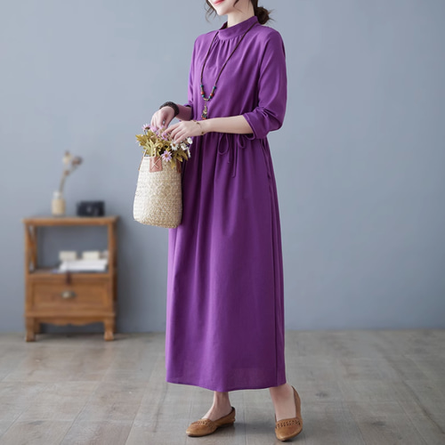 New秋色~パープル 綿麻ワンピース 長袖ミディアムスカート . ゆったり