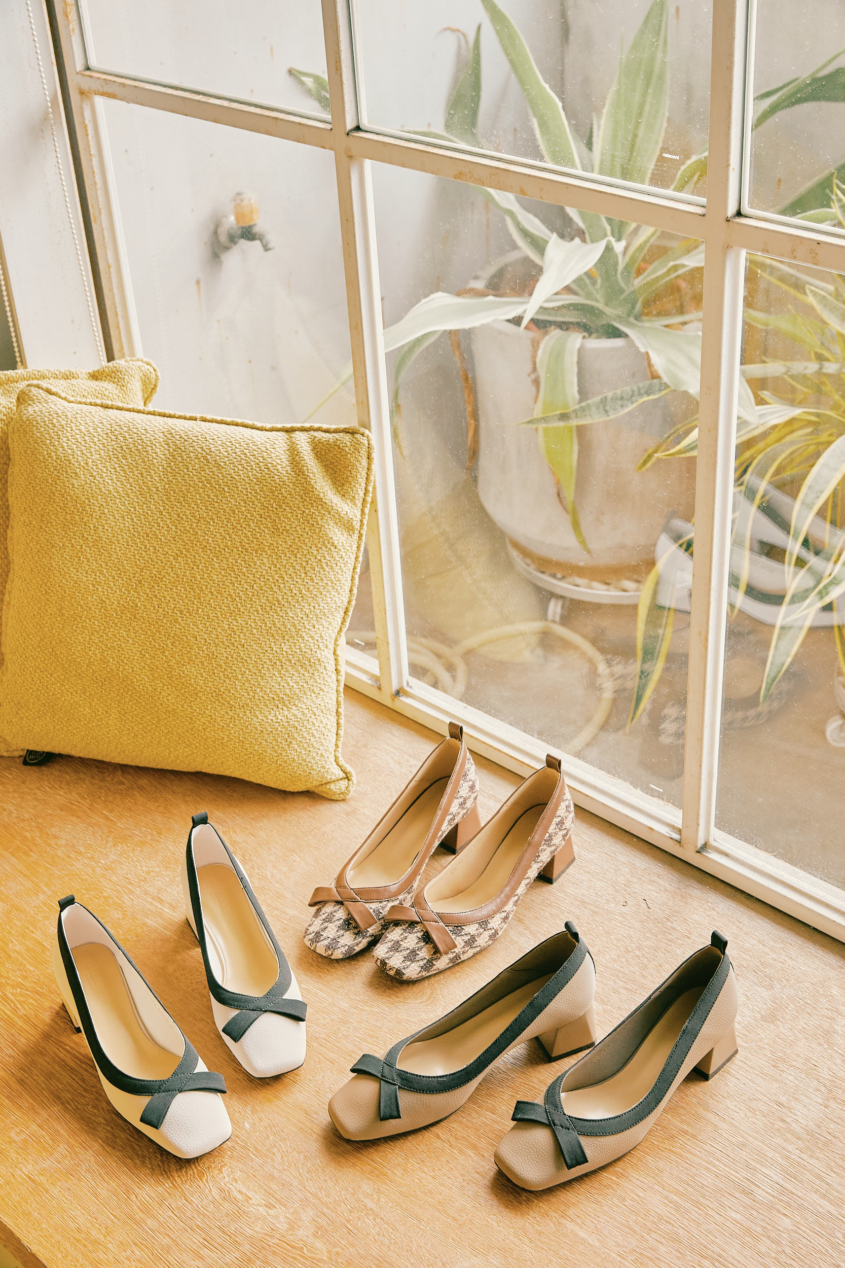 ファイスクエアパンプス【ホワイト】【グレー】【千鳥格子】