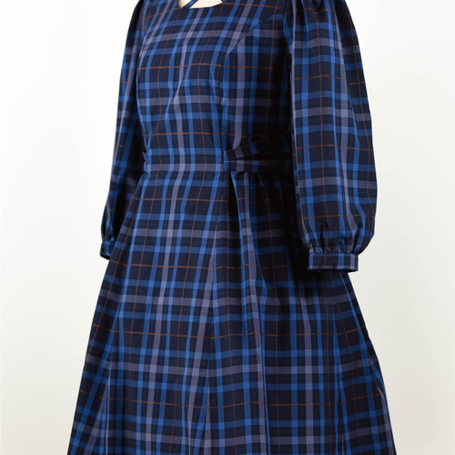 栞ワンピース〈ブルー〉 リボン くるみボタン スペアカラー タータン