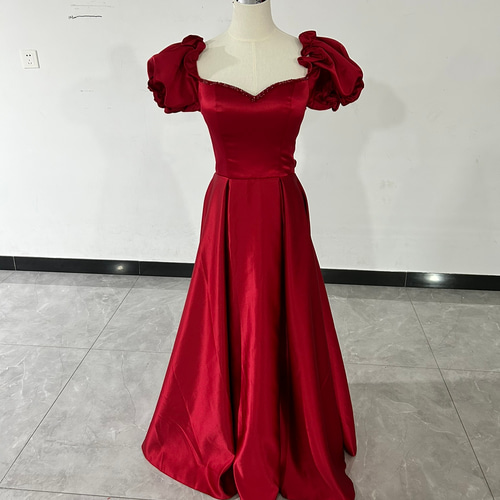 エレガント 赤 カラードレス ベアトップ 背中見せ 姫袖 ロング  