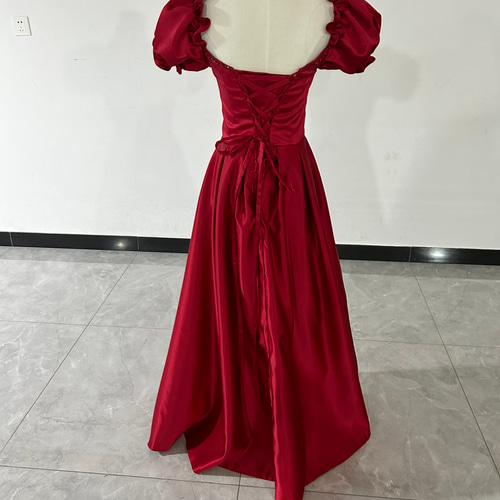 エレガント 赤 カラードレス ベアトップ 背中見せ 姫袖 ロング  
