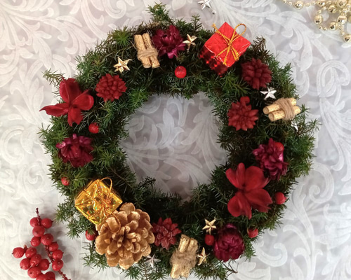 高級感あふれる赤いプリザーブドフラワーのフラワーリース 大型直径35cm プリザーブドフラワーの赤いリース】赤 ドライフラワー