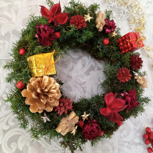 クリスマスリース 20cm コンパクト 赤 プリザーブドフラワー ドライ