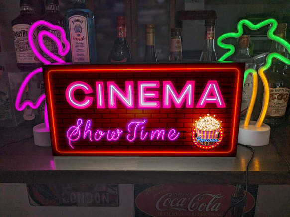 【Lサイズ】映画 シネマ ホームシアター 上映中 ポップコーン 店舗 自宅 ランプ 照明 看板 置物 雑貨 ライトBOX 1枚目の画像
