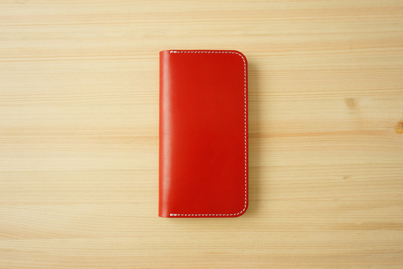 牛革 iPhone15 / 15 Pro カバー  ヌメ革  レザーケース  手帳型  レッド 1枚目の画像